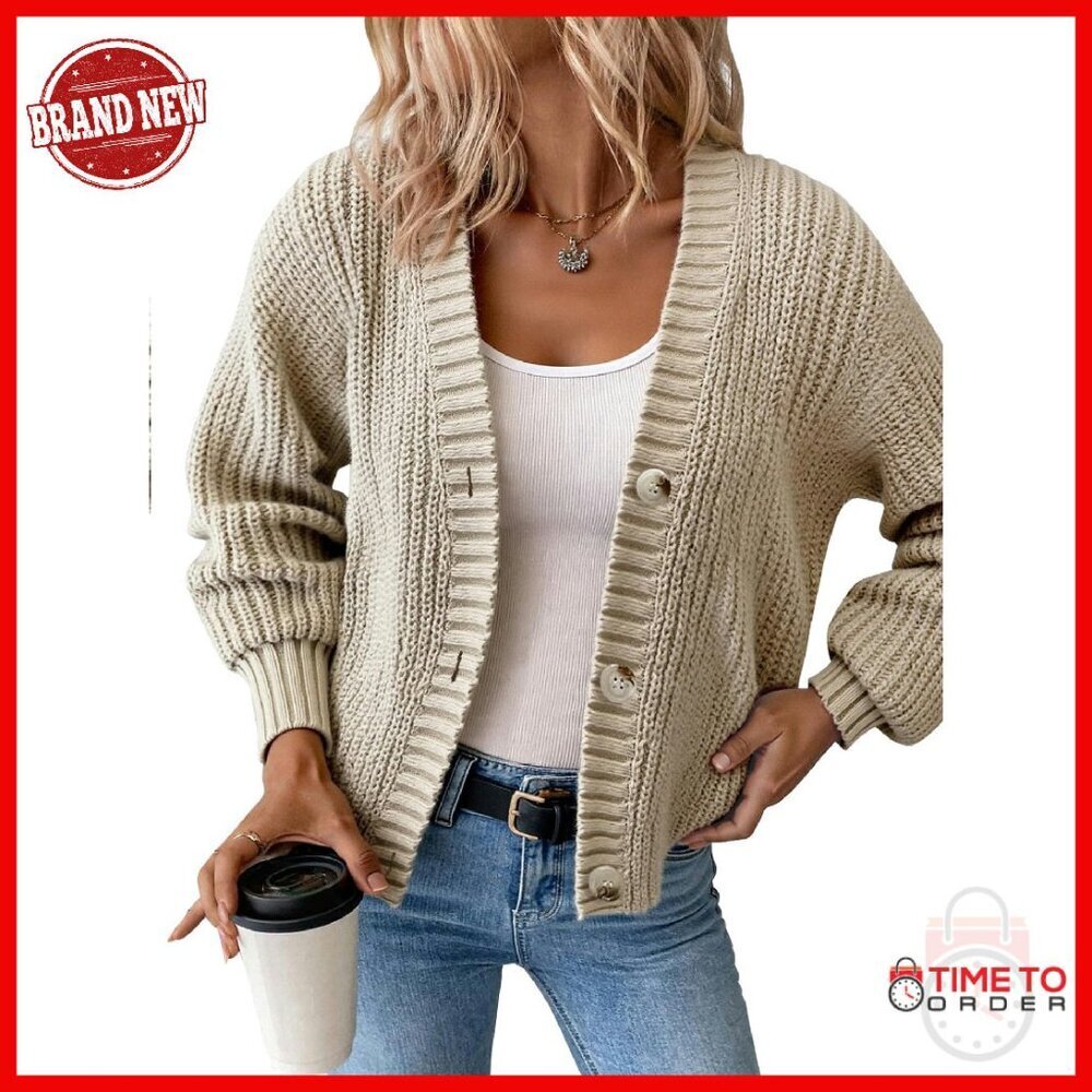 Chunky Knit Cardigan Oversized V-Neck Waffle Texture Sweater